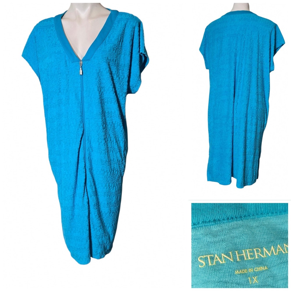 Stan Herman Turquoise Blue Textured Zip Front Lounger Caftan Robe 1X Paisley